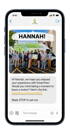Example text on a phone: a team photo with the name Hannah on it, and a short note asking for a review