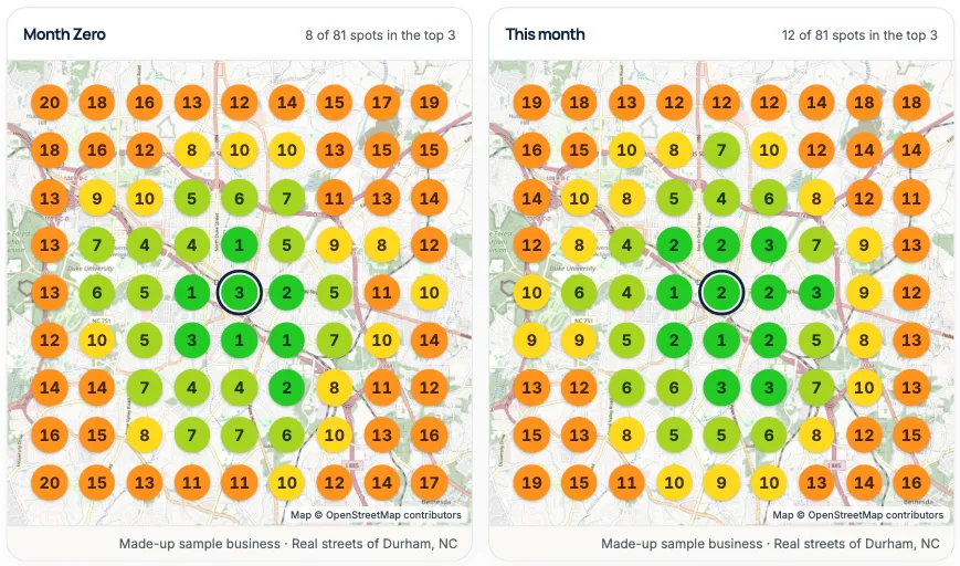 Sample report: two 9 by 9 maps, Month Zero next to this month, for one service.